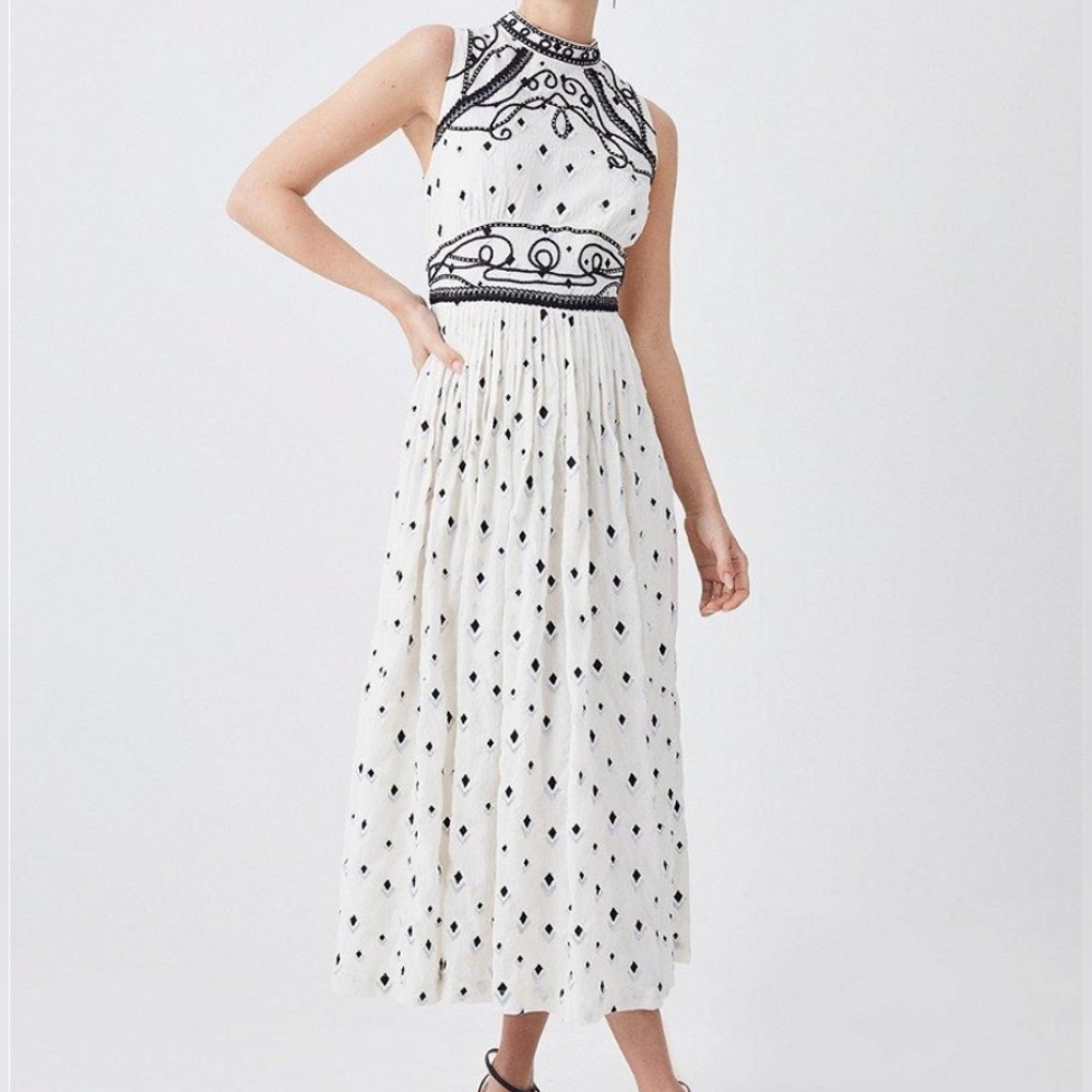 Karen Millen embroidered Cornelli Tape Woven Dress  off white/black/silver Sz 12